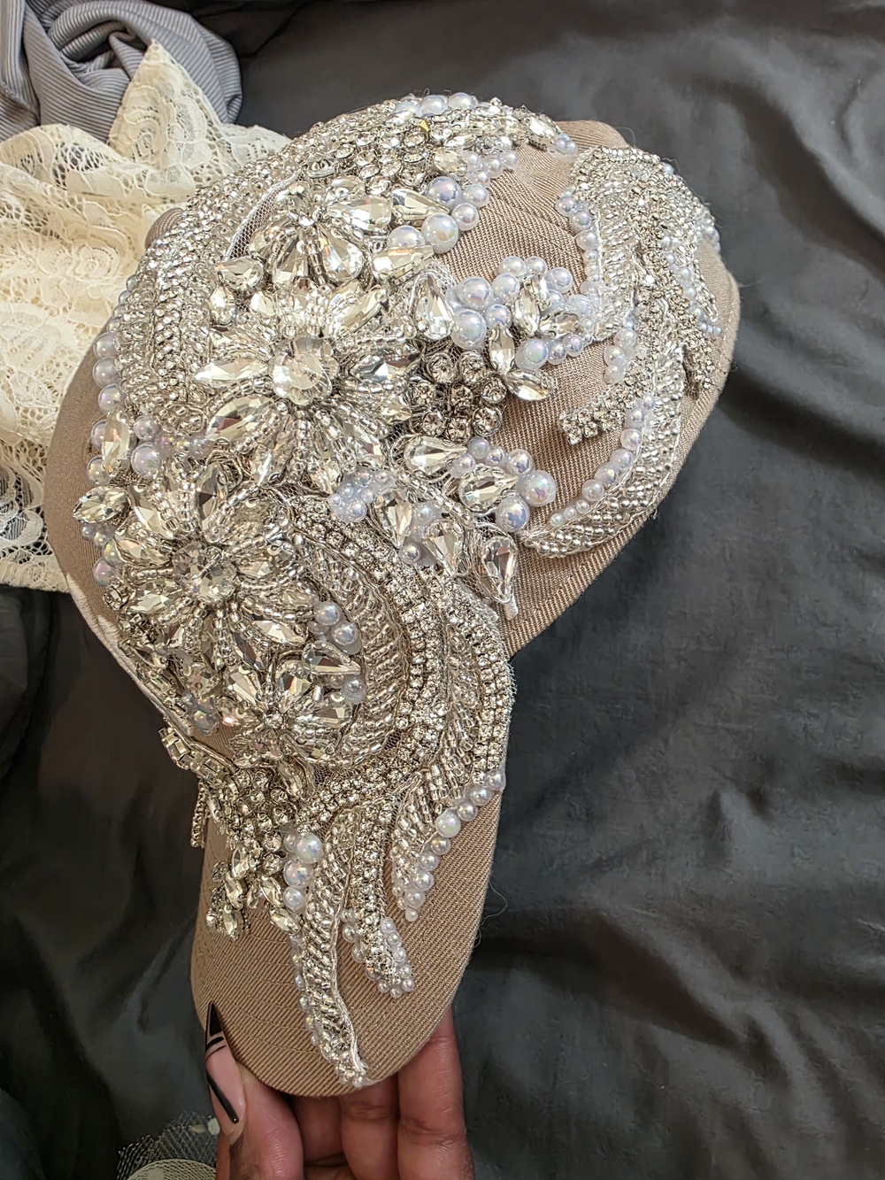 47 Brand Embellished NY Baseball Cap in Taupe with Crystal & Pearl Accents - Picture 2 of 5